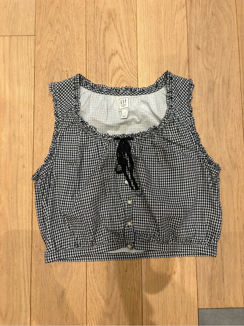 GAP x Doen Black & White Gingham Ruffle Cropped Blouse